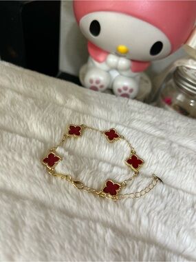 Gold Bracelet with Red Clover Motifs - Women's Jewelry